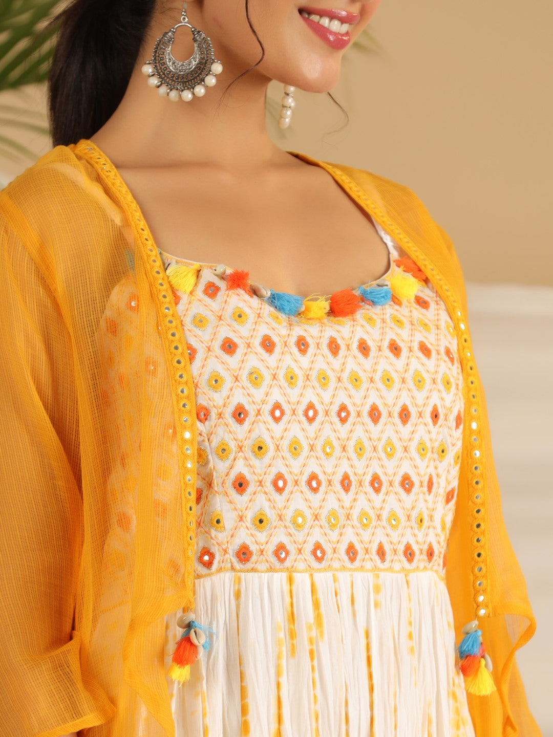 Juniper Mustard Tie-Dye Tiered & Layered Pure Cotton Dress With Mirror Work Embroidery | Grocsy