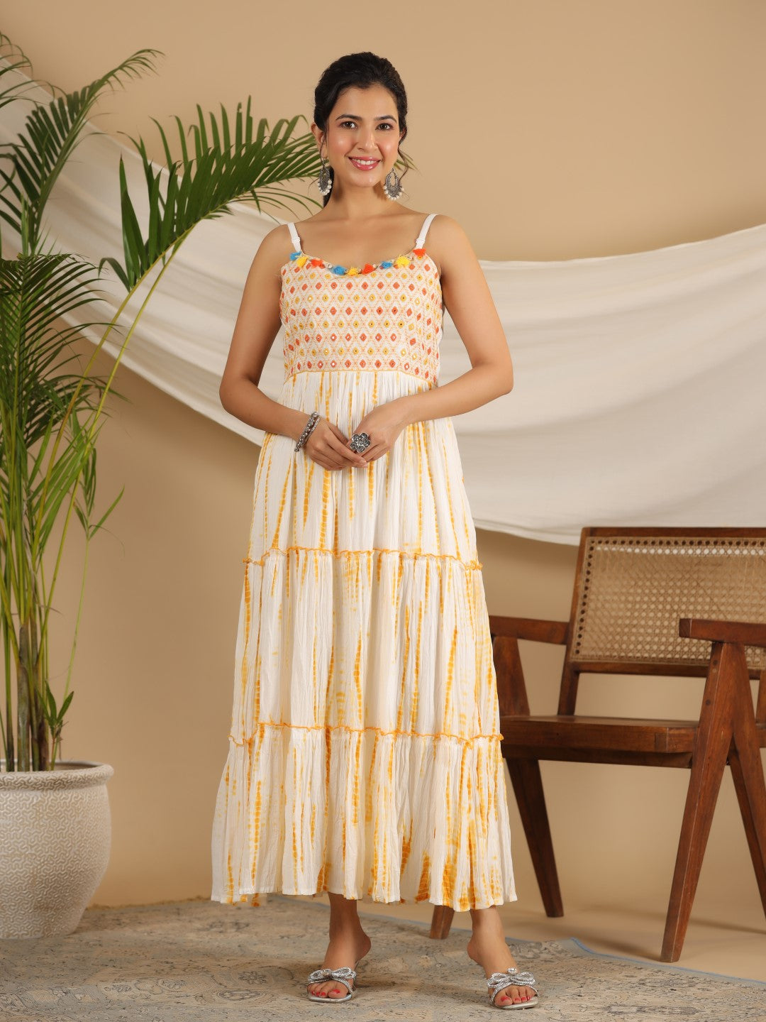 Juniper Mustard Tie-Dye Tiered & Layered Pure Cotton Dress With Mirror Work Embroidery | Grocsy