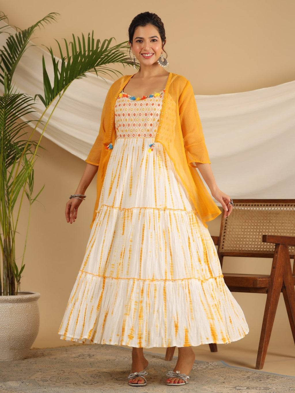 Juniper Mustard Tie-Dye Tiered & Layered Pure Cotton Dress With Mirror Work Embroidery | Grocsy