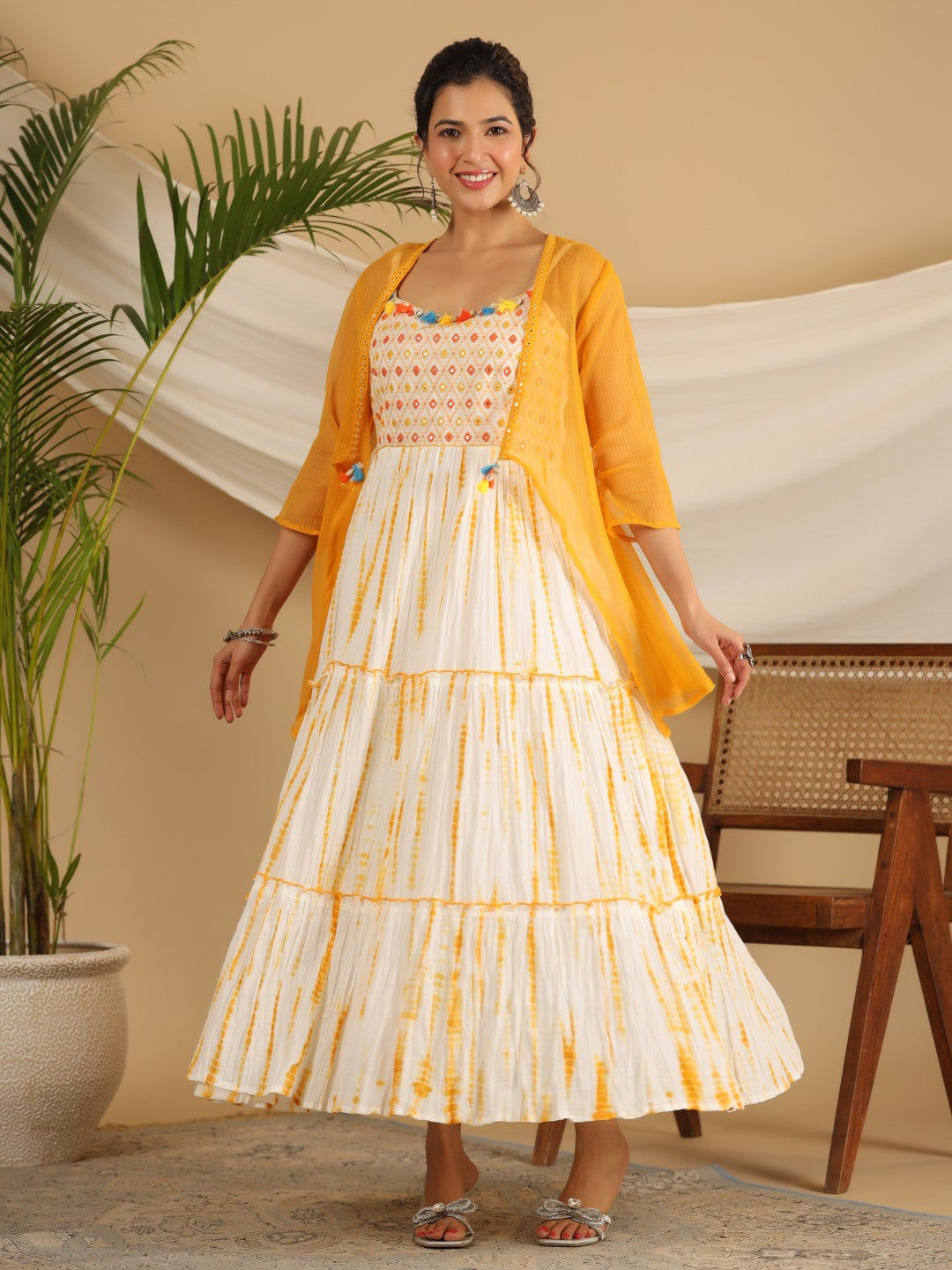 Juniper Mustard Tie-Dye Tiered & Layered Pure Cotton Dress With Mirror Work Embroidery | Grocsy