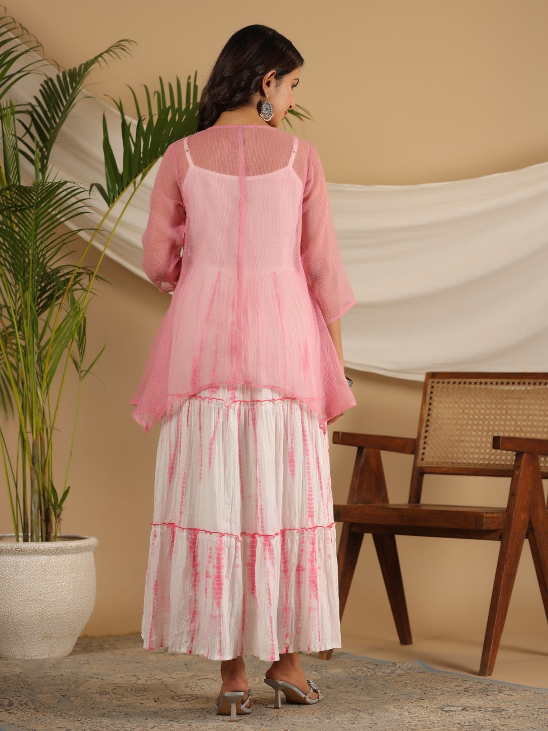 Juniper Pink Geometric Printed Pure Cotton Dress & Kota Doria Dupatta Within Mirror Work. | Grocsy