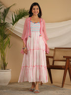 Juniper Pink Geometric Printed Pure Cotton Dress & Kota Doria Dupatta Within Mirror Work. | Grocsy
