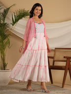 Juniper Pink Geometric Printed Pure Cotton Dress & Kota Doria Dupatta Within Mirror Work. | Grocsy