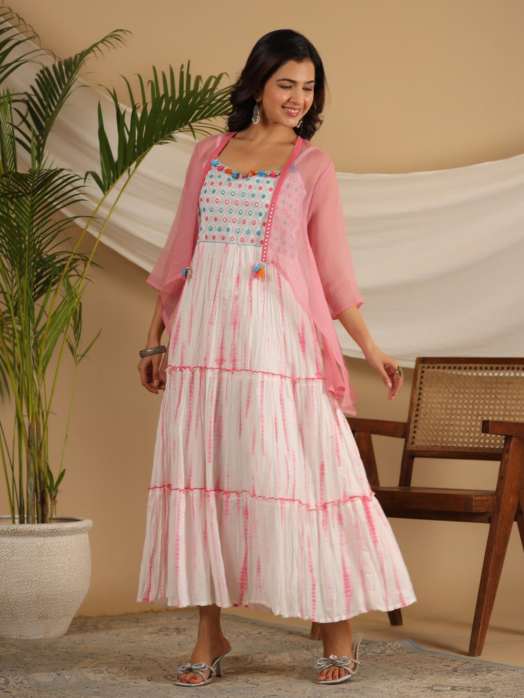 Juniper Pink Geometric Printed Pure Cotton Dress & Kota Doria Dupatta Within Mirror Work. | Grocsy