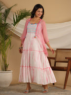 Juniper Pink Geometric Printed Pure Cotton Dress & Kota Doria Dupatta Within Mirror Work. | Grocsy