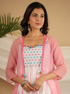 Juniper Pink Geometric Printed Pure Cotton Dress & Kota Doria Dupatta Within Mirror Work. | Grocsy