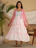 Juniper Pink Geometric Printed Pure Cotton Dress & Kota Doria Dupatta Within Mirror Work. | Grocsy