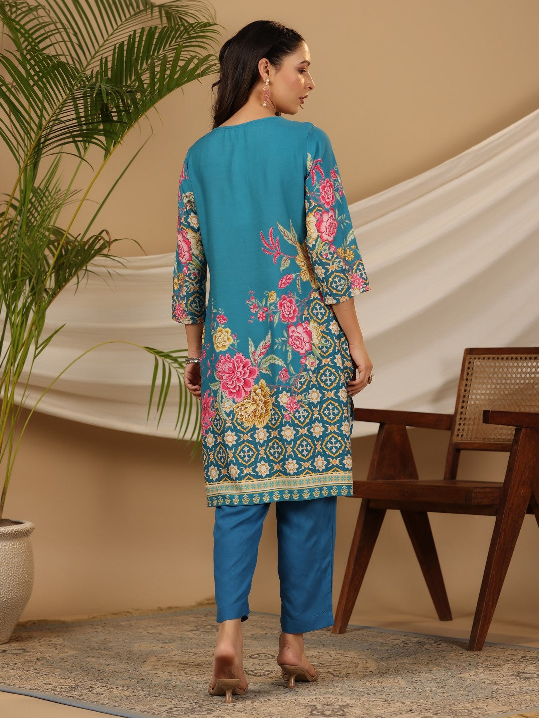 Juniper Blue Floral Printed Rayon Kurta Pants & Dupatta Set With Sequins Work | Grocsy