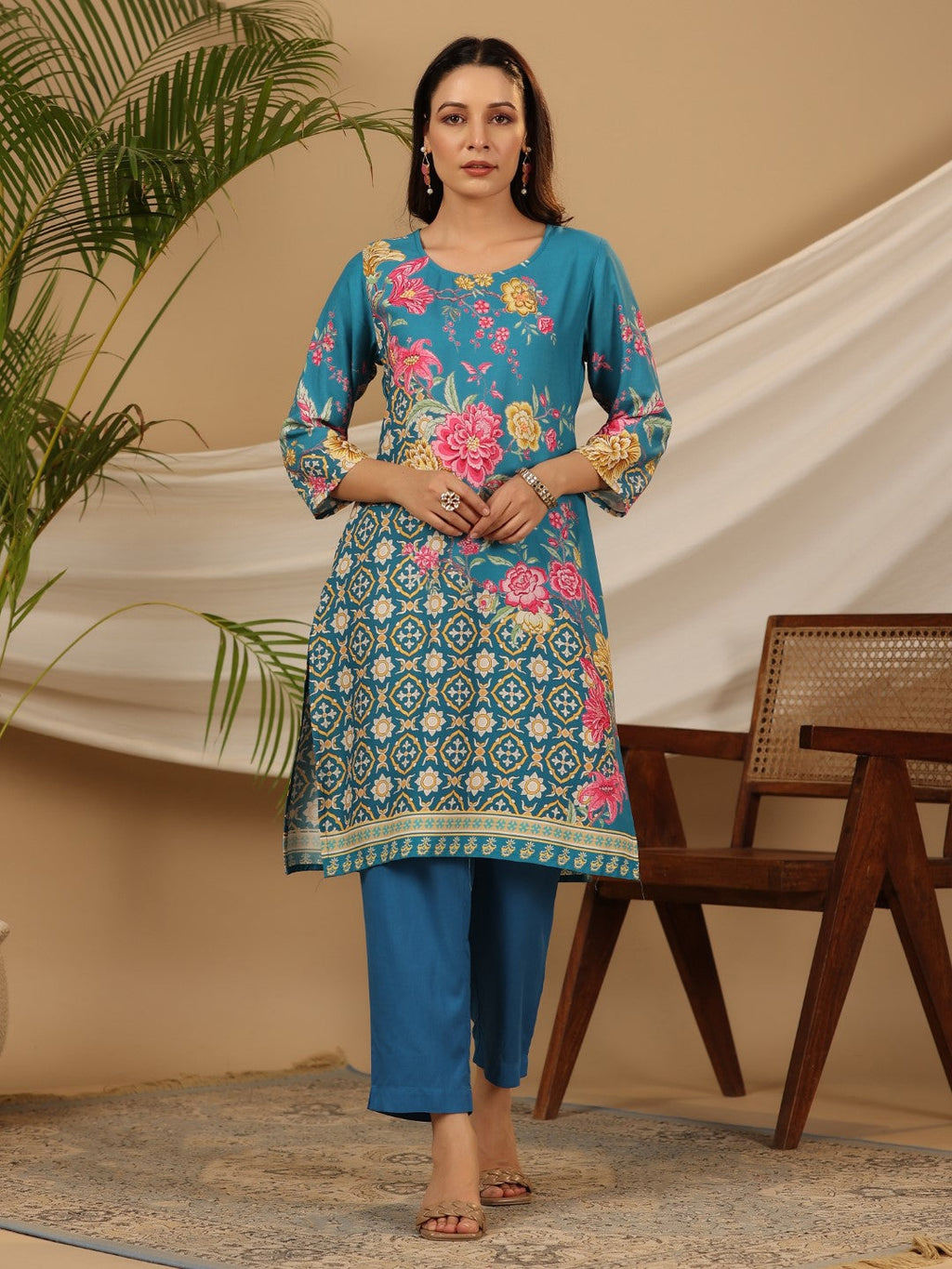 Juniper Blue Floral Printed Rayon Kurta Pants & Dupatta Set With Sequins Work | Grocsy