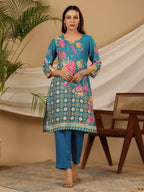 Juniper Blue Floral Printed Rayon Kurta Pants & Dupatta Set With Sequins Work | Grocsy