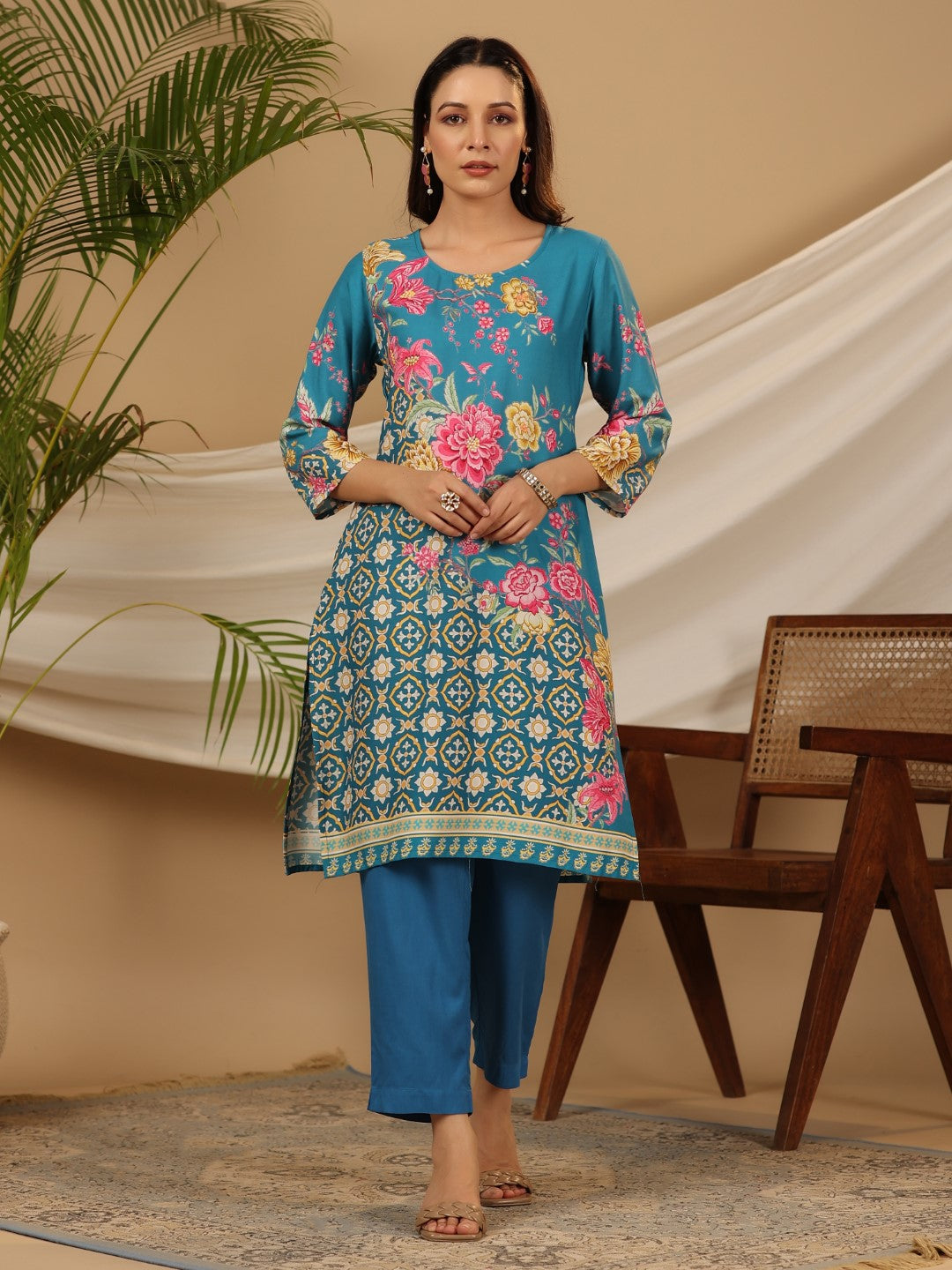 Juniper Blue Floral Printed Rayon Kurta Pants & Dupatta Set With Sequins Work | Grocsy