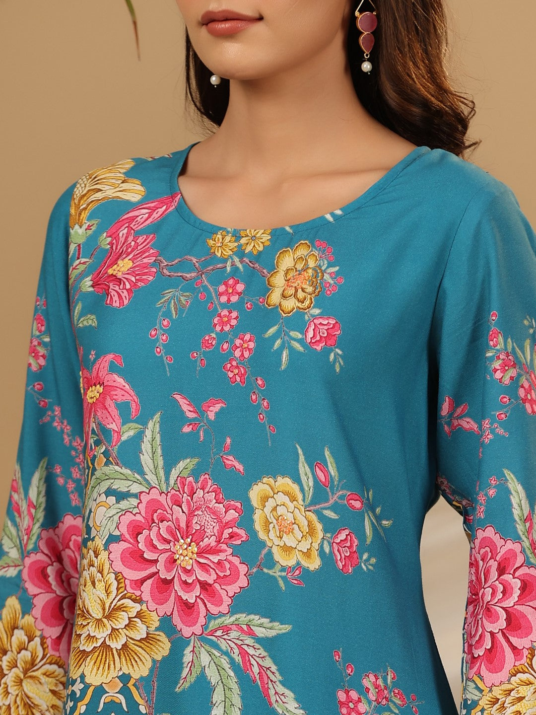 Juniper Blue Floral Printed Rayon Kurta Pants & Dupatta Set With Sequins Work | Grocsy