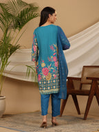 Juniper Blue Floral Printed Rayon Kurta Pants & Dupatta Set With Sequins Work | Grocsy