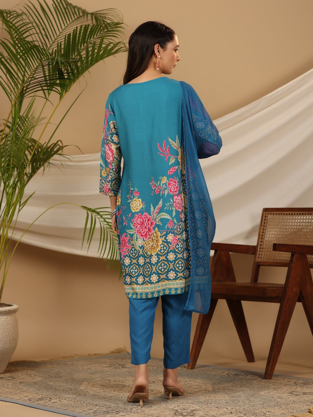 Juniper Blue Floral Printed Rayon Kurta Pants & Dupatta Set With Sequins Work | Grocsy