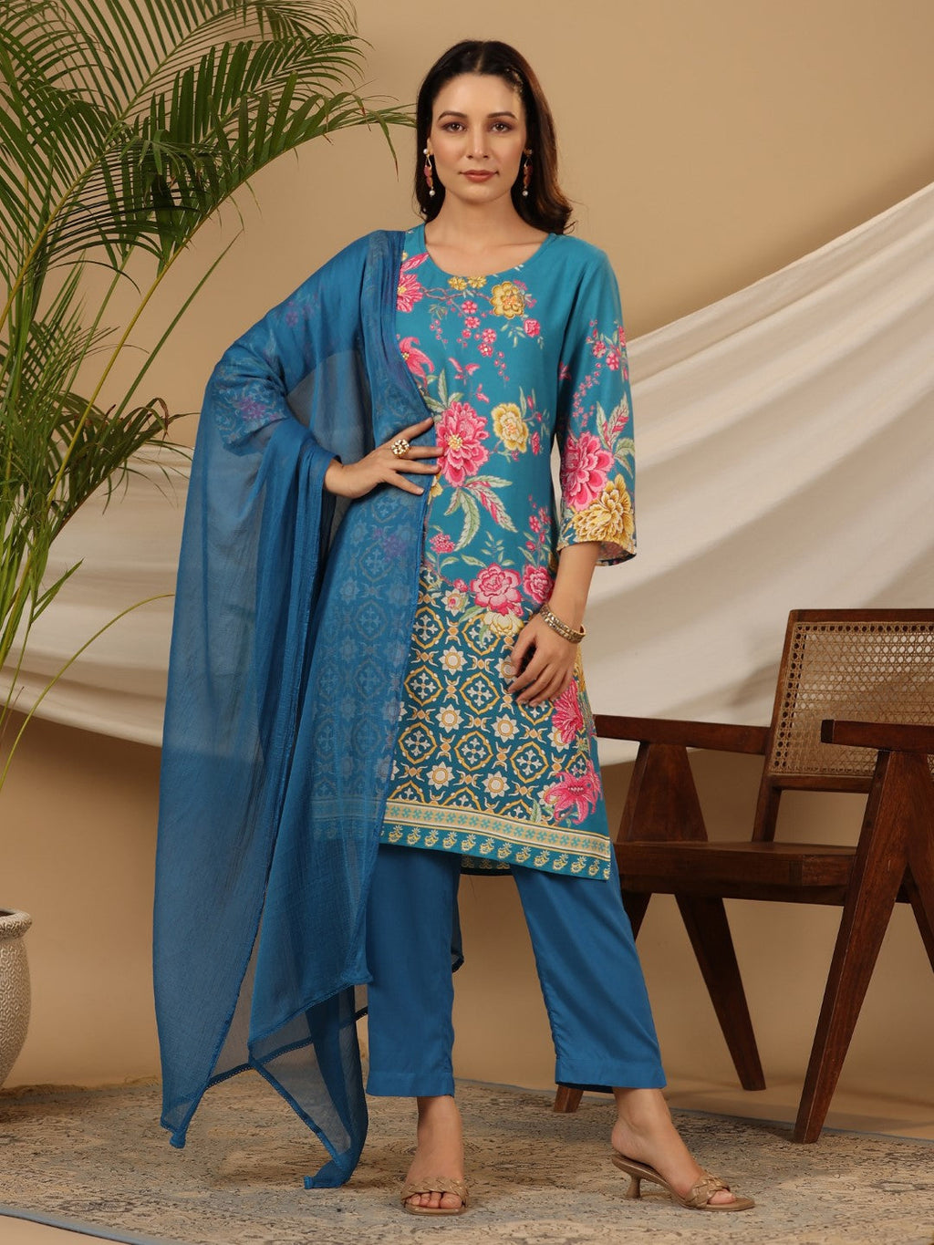 Juniper Blue Floral Printed Rayon Kurta Pants & Dupatta Set With Sequins Work | Grocsy