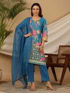 Juniper Blue Floral Printed Rayon Kurta Pants & Dupatta Set With Sequins Work | Grocsy