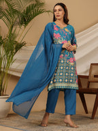 Juniper Blue Floral Printed Rayon Kurta Pants & Dupatta Set With Sequins Work | Grocsy