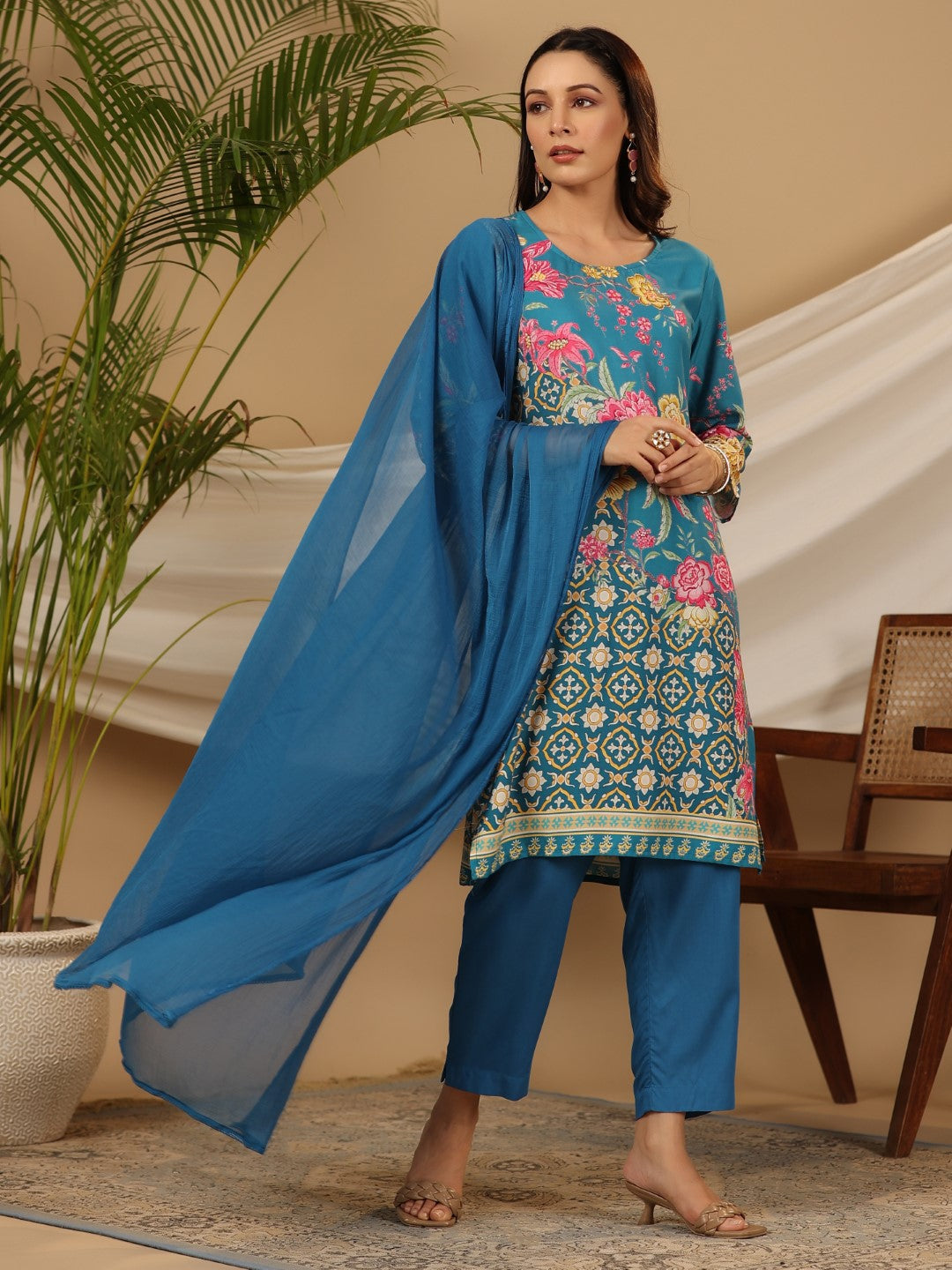 Juniper Blue Floral Printed Rayon Kurta Pants & Dupatta Set With Sequins Work | Grocsy