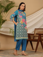 Juniper Blue Floral Printed Rayon Kurta Pants & Dupatta Set With Sequins Work | Grocsy