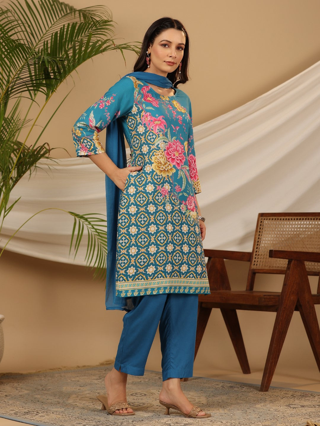 Juniper Blue Floral Printed Rayon Kurta Pants & Dupatta Set With Sequins Work | Grocsy
