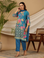 Juniper Blue Floral Printed Rayon Kurta Pants & Dupatta Set With Sequins Work | Grocsy