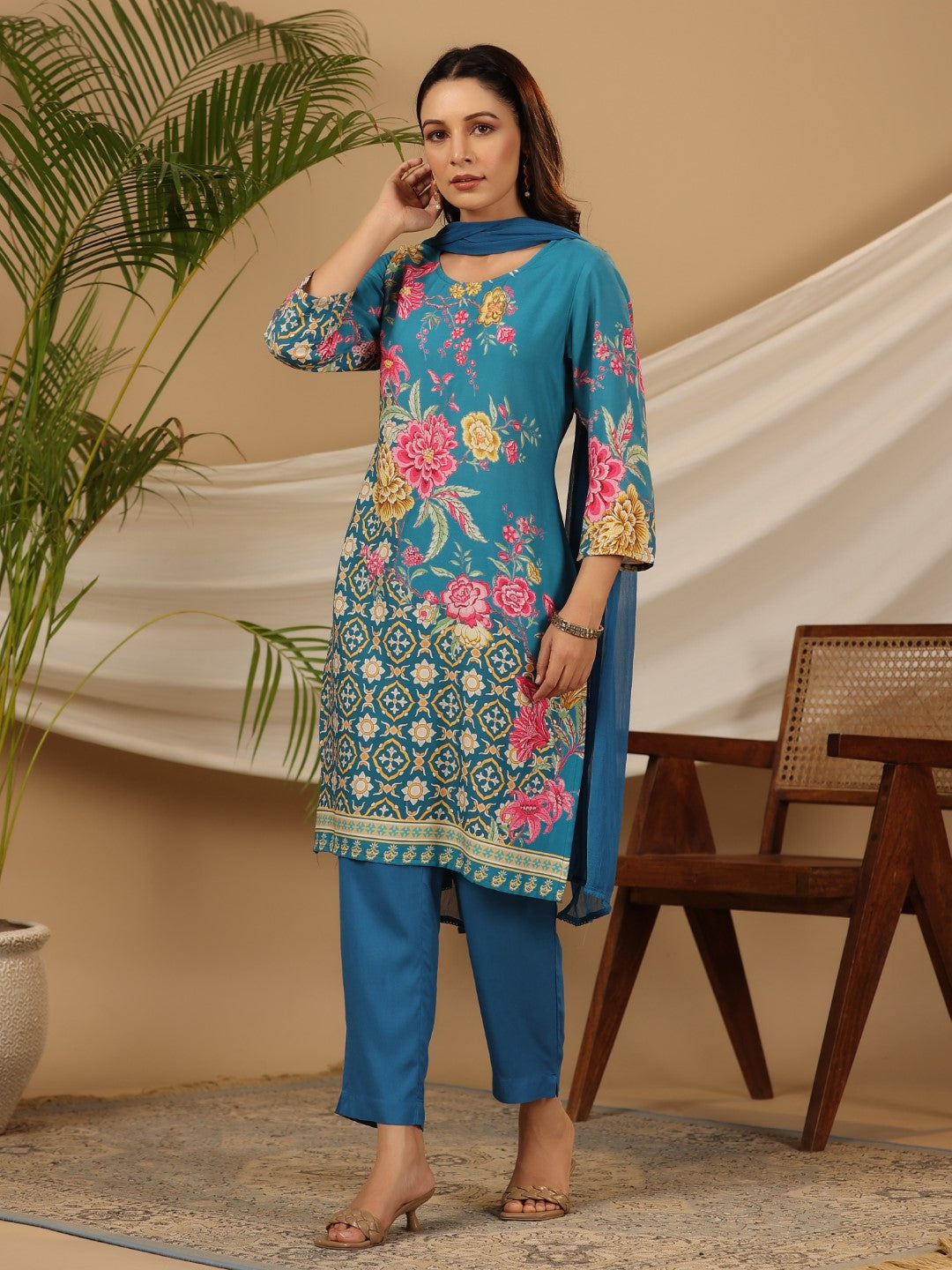Juniper Blue Floral Printed Rayon Kurta Pants & Dupatta Set With Sequins Work | Grocsy
