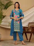 Juniper Blue Floral Printed Rayon Kurta Pants & Dupatta Set With Sequins Work | Grocsy