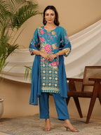 Juniper Blue Floral Printed Rayon Kurta Pants & Dupatta Set With Sequins Work | Grocsy