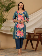 Juniper Blue Floral Printed Rayon Kurta Pants & Dupatta Set With Sequins Work | Grocsy