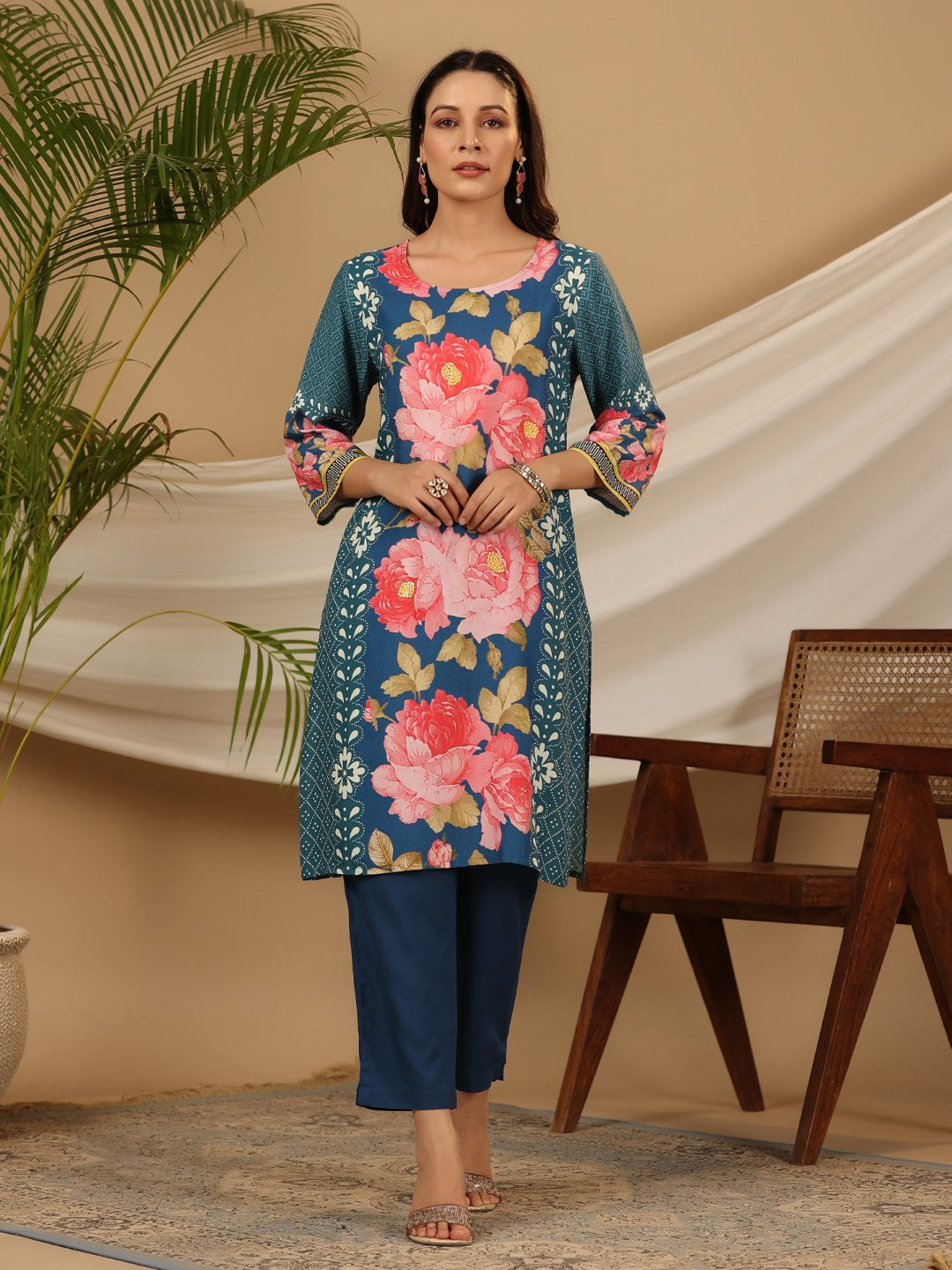 Juniper Blue Floral Printed Rayon Kurta Pants & Dupatta Set With Sequins Work | Grocsy