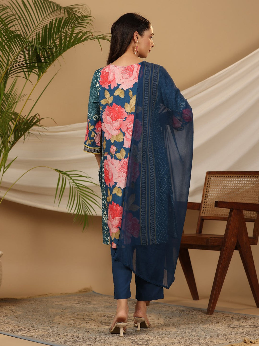 Juniper Blue Floral Printed Rayon Kurta Pants & Dupatta Set With Sequins Work | Grocsy
