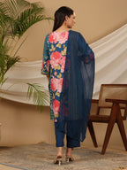 Juniper Blue Floral Printed Rayon Kurta Pants & Dupatta Set With Sequins Work | Grocsy