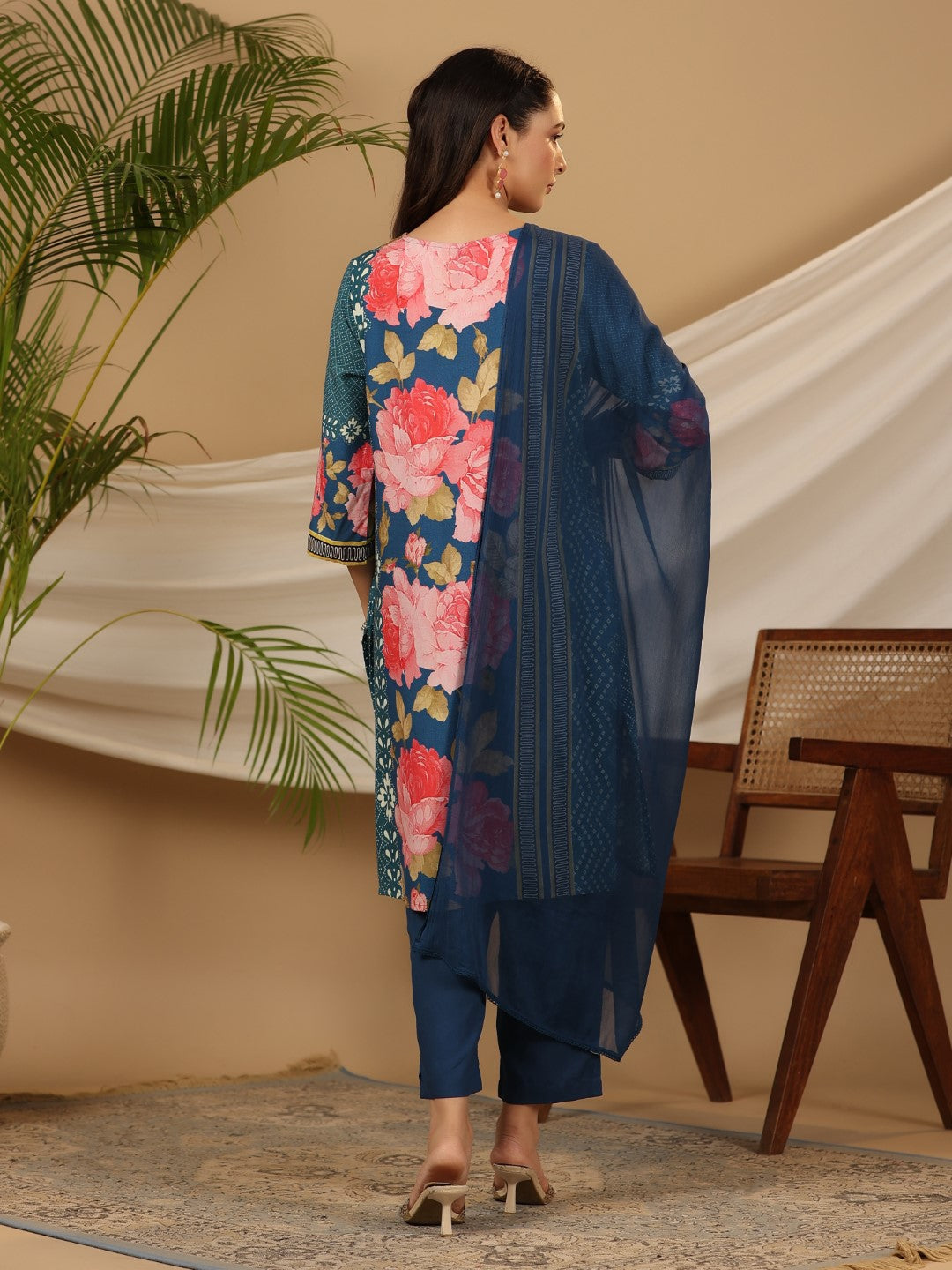 Juniper Blue Floral Printed Rayon Kurta Pants & Dupatta Set With Sequins Work | Grocsy