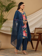 Juniper Blue Floral Printed Rayon Kurta Pants & Dupatta Set With Sequins Work | Grocsy