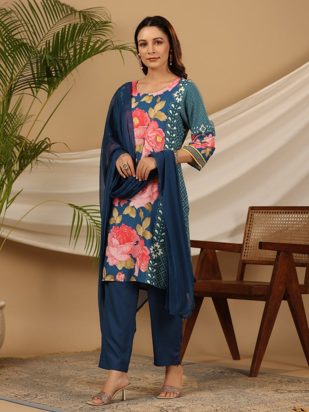 Juniper Blue Floral Printed Rayon Kurta Pants & Dupatta Set With Sequins Work | Grocsy