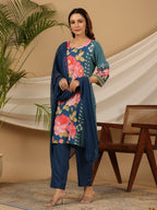 Juniper Blue Floral Printed Rayon Kurta Pants & Dupatta Set With Sequins Work | Grocsy
