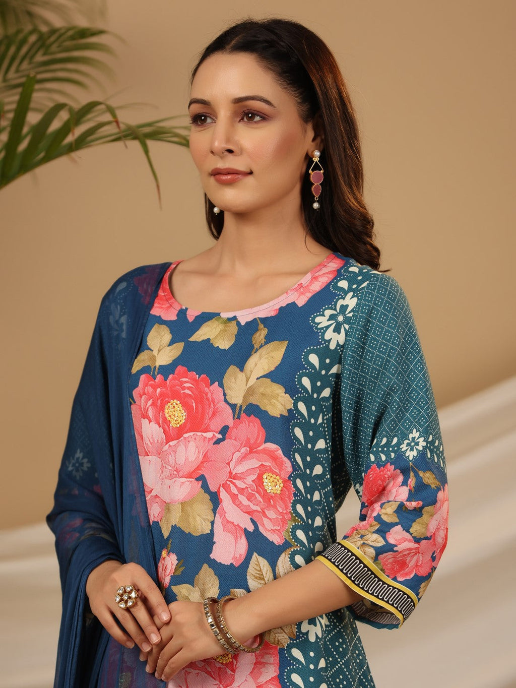 Juniper Blue Floral Printed Rayon Kurta Pants & Dupatta Set With Sequins Work | Grocsy
