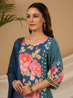 Juniper Blue Floral Printed Rayon Kurta Pants & Dupatta Set With Sequins Work | Grocsy