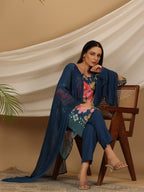 Juniper Blue Floral Printed Rayon Kurta Pants & Dupatta Set With Sequins Work | Grocsy