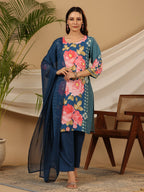 Juniper Blue Floral Printed Rayon Kurta Pants & Dupatta Set With Sequins Work | Grocsy