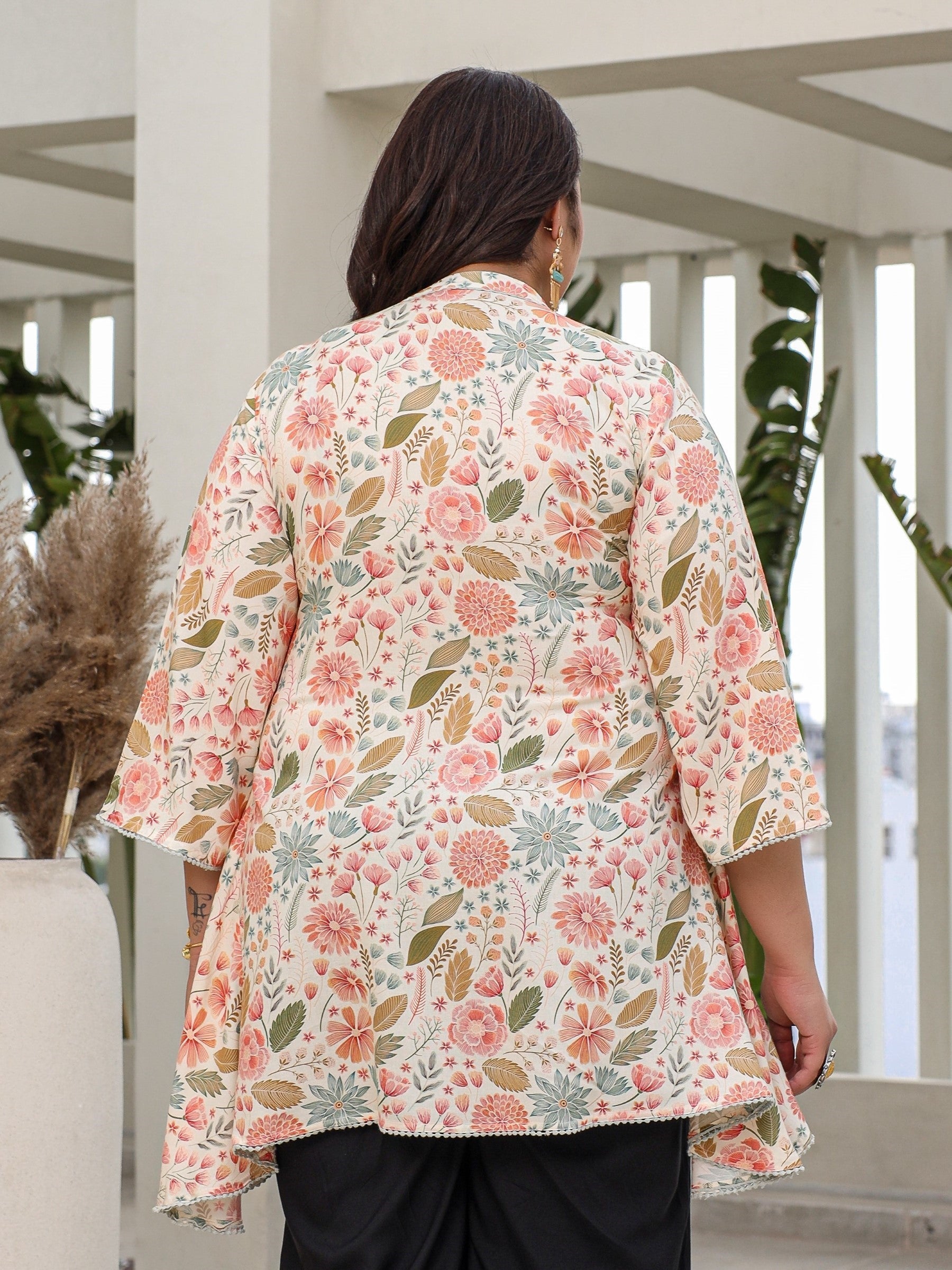 Juniper Ivory Floral Printed Rayon High-Low Plus Size Tunic With Lace | Grocsy