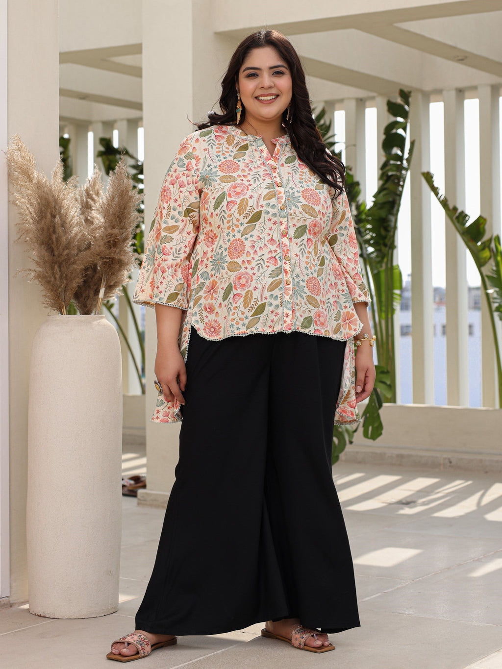 Juniper Ivory Floral Printed Rayon High-Low Plus Size Tunic With Lace | Grocsy