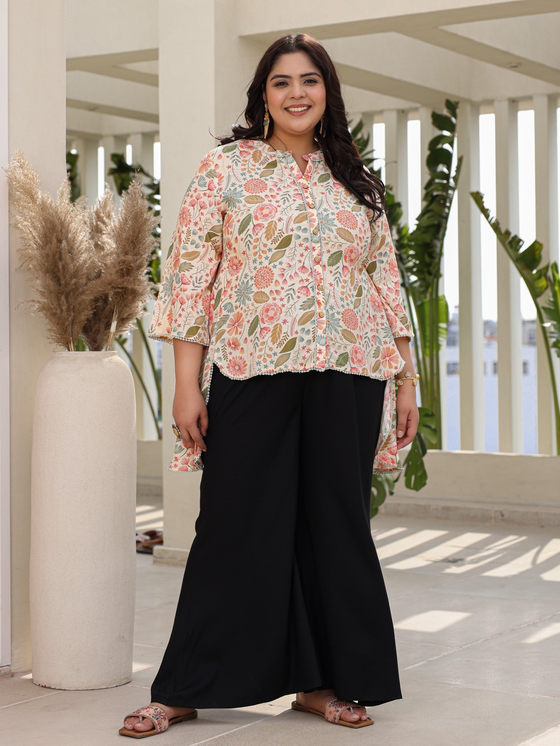 Juniper Ivory Floral Printed Rayon High-Low Plus Size Tunic With Lace | Grocsy