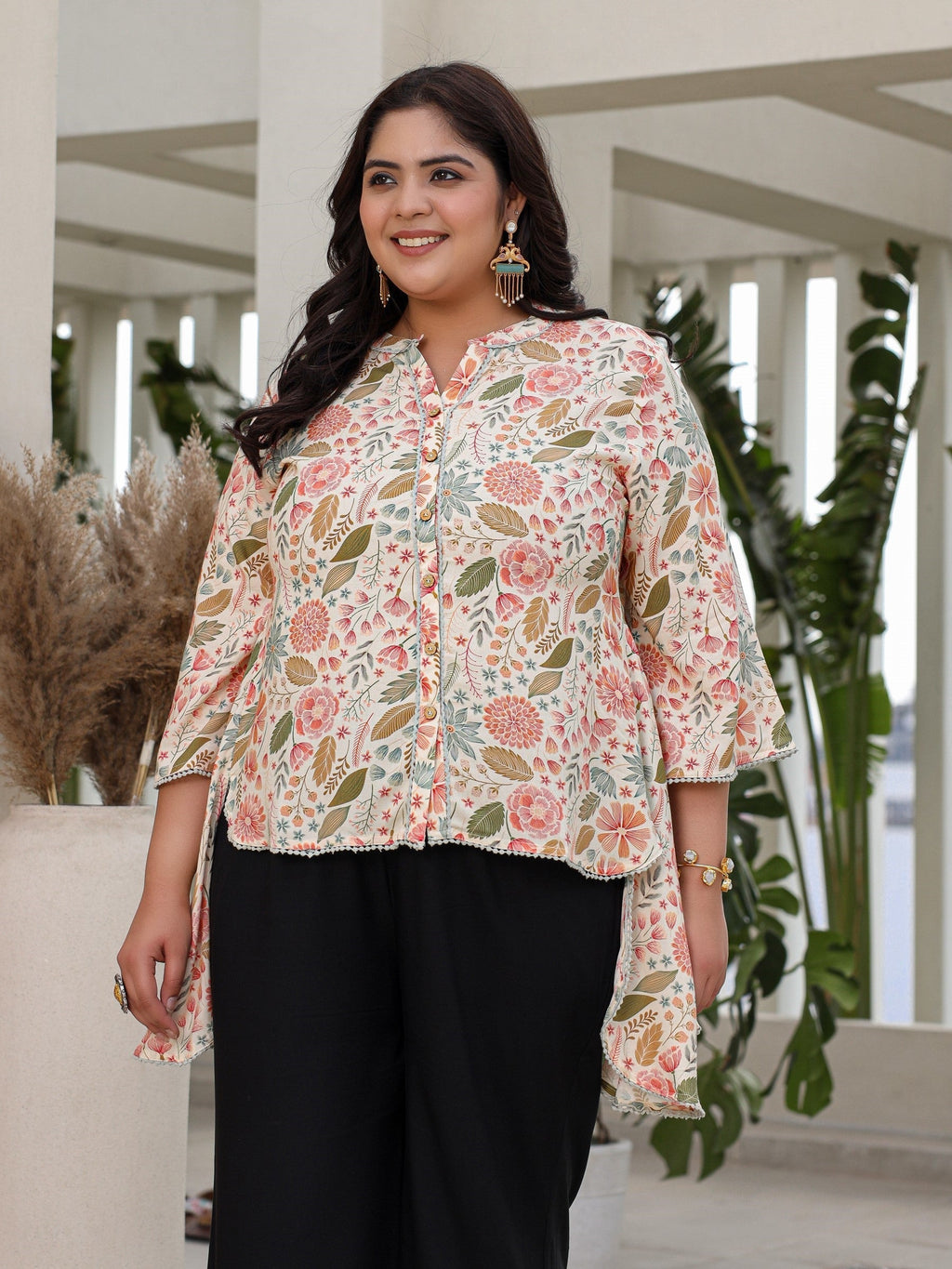 Juniper Ivory Floral Printed Rayon High-Low Plus Size Tunic With Lace | Grocsy
