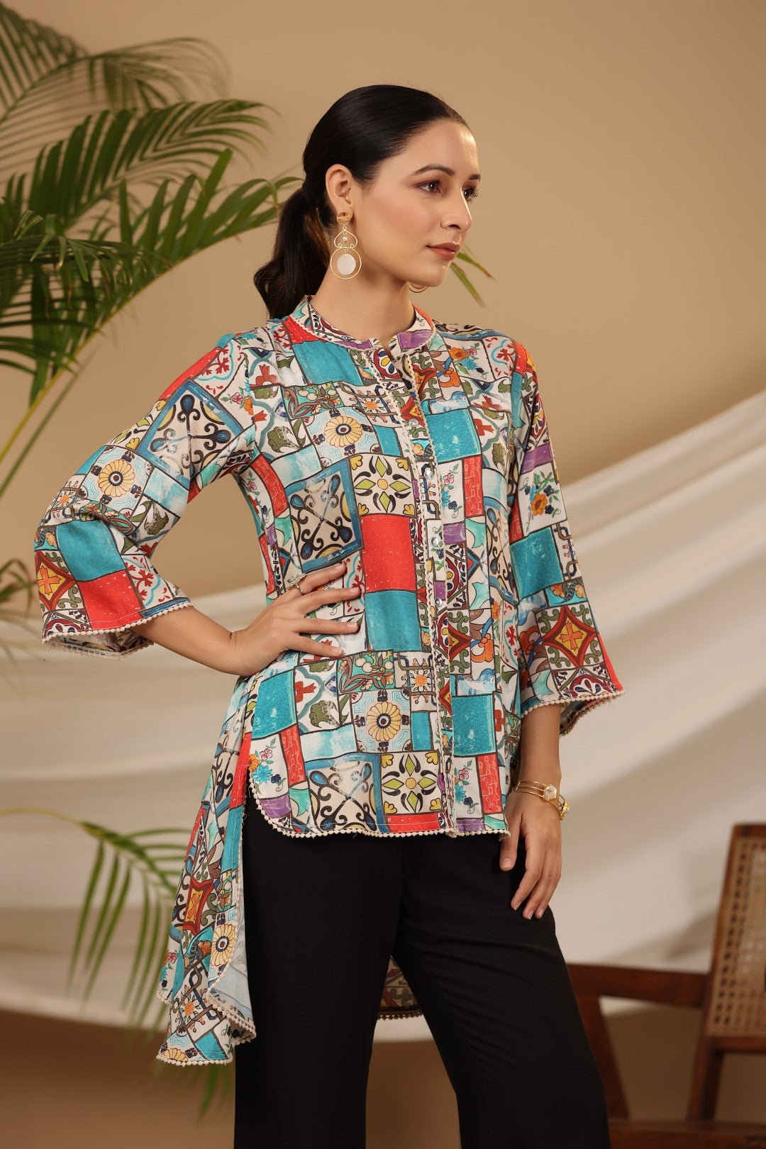 Juniper Blue Rayon Ethnic Motif Printed High-Lacy Mandarin Collar Women Tunic | Grocsy