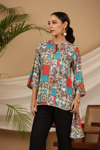 Juniper Blue Rayon Ethnic Motif Printed High-Lacy Mandarin Collar Women Tunic | Grocsy