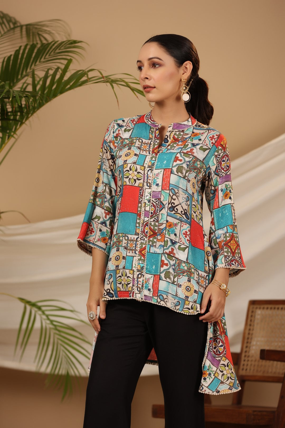 Juniper Blue Rayon Ethnic Motif Printed High-Lacy Mandarin Collar Women Tunic | Grocsy