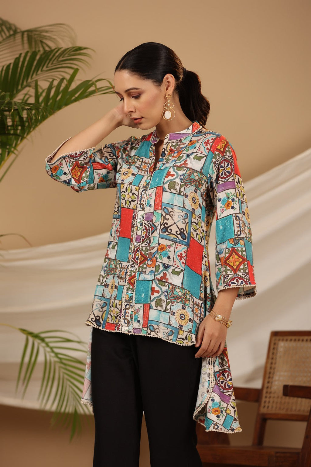 Juniper Blue Rayon Ethnic Motif Printed High-Lacy Mandarin Collar Women Tunic | Grocsy