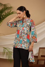Juniper Blue Rayon Ethnic Motif Printed High-Lacy Mandarin Collar Women Tunic | Grocsy