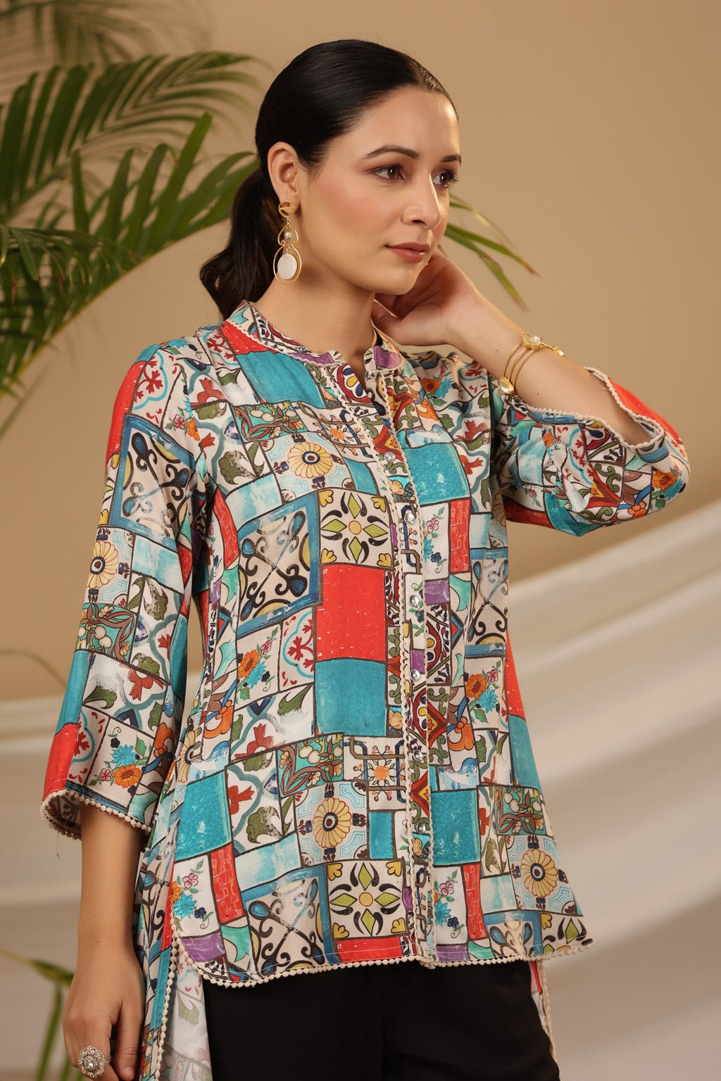 Juniper Blue Rayon Ethnic Motif Printed High-Lacy Mandarin Collar Women Tunic | Grocsy